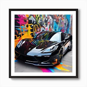 Black Sports Car In Front Of Graffiti Art Print
