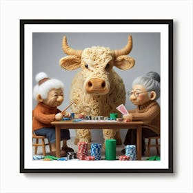 Old Ladies Playing Poker With A Cow Art Print