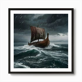 Viking Ship In Stormy Sea 2 Art Print