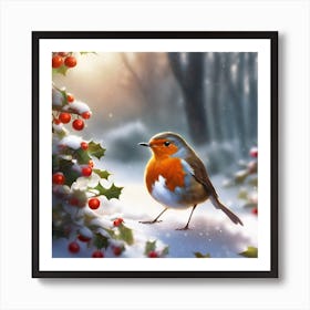 Robin, Holly and Berries Art Print