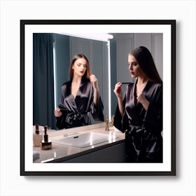 Woman In A Robe In The Bathroom Art Print