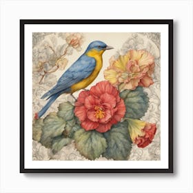 Bluebird With Flowers Art Print