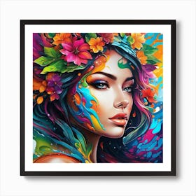 Colorful Girl With Flowers Art Print