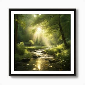 A captivating scene of a lush green forest with golden sunlight filtering through the trees. The leaves are gently swaying in the breeze, and a stream flows with sparkling water, reflecting the light. The atmosphere should be peaceful and serene 2 Art Print