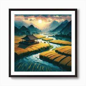 Beautiful views of rice fields, close to the river and surrounded by mountains, 7 Art Print