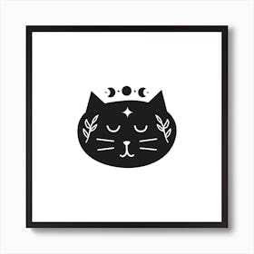 Black Boho Cat Character With Moon Leafy Branches Stars 1 Art Print