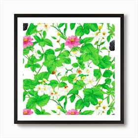 Botanical Illustration Of A Summer Garden With A Focus On Blooming Pink Flowers And Blackberry Bushe (1) Art Print