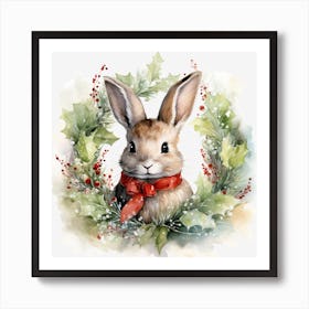 Bunny In Holly Wreath Art Print