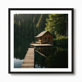 A Peaceful Lakeside Cabin With A Wooden Dock And A Canoe Tied To It 2 Art Print