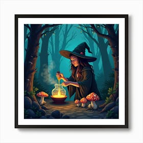 Witch Brewing Potions In A Dark Forest With Glowing Mushrooms And Toads 1 Art Print