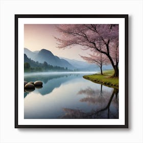 Cherry Blossoms By The Lake Art Print