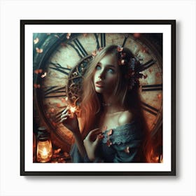 Beautiful Girl With A Clock Art Print