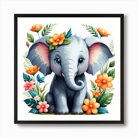 Cute Elephant With Flowers Art Print