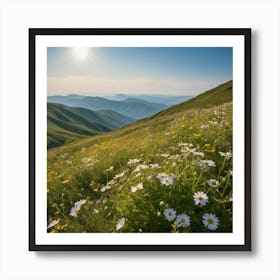 A Lush Green Mountain Filled With Blooming Wildflowers Basks In Warm Sunlight Under A Clear Blue Sky, Its Natural Beauty Portrayed Serenely 1 Art Print