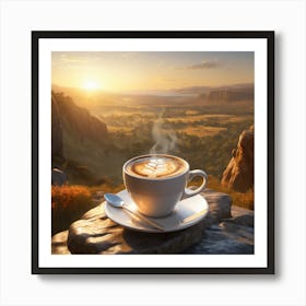 A cup of hot coffee on the rock with mountain Art Print