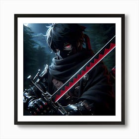 Ninja standing in a forest, he has a red sword (1) Art Print