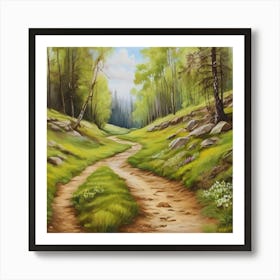 Path In The Woods.A dirt footpath in the forest. Spring season. Wild grasses on both ends of the path. Scattered rocks. Oil colors.28 Art Print