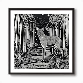 Abstract Wolf In The Woods Linocut Illustration Art Print