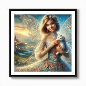 Girl fairy with her cat  Art Print