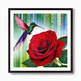 Hummingbird And Red Rose Art Print