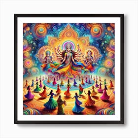 A Psychedelic Depiction Of Navratri Festival With People In Colorful Traditional Attire Dancing Garba And Dandiya In A Swirl Of Vivid Colors, Surroun Art Print