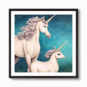 Beautiful Mother And Child Unicorn Art Print