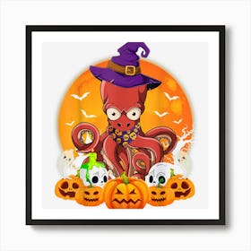 Squid Lover Scary Pumpkin Skull Witch Squid Halloween Art Print