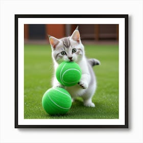 Gato Jugando Con Dos Pelotas De Tenis Art Print