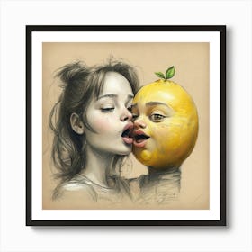 Girl Kissing A Lemon Art Print