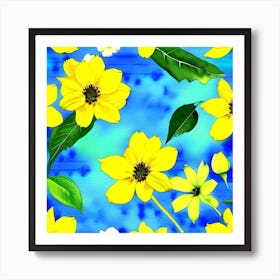 Yellow Flowers On Blue Background 2 Art Print