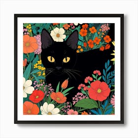 Black Cat In Flowers 3 Art Print