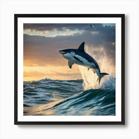 White Shark Jumping Out Of The Water Art Print