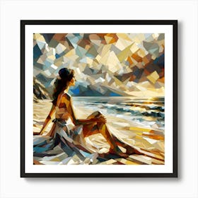 Abstract Wall Art Woman Sitting On The Beach Art Print