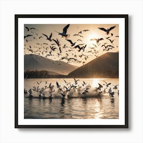 Seagulls Flying Over Lake Art Print