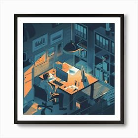 Illustration Of A Man Working At His Desk Art Print