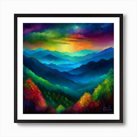 Painting of Great Smoky Mountains National Park with cosmic colors in style of Jon Tristan Art Print