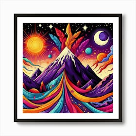 A Mountain With Colorful Streaks Of Ribbon With Purple Feathers Sun And Moon And Star In A Volcano Of Red Flames 4 Art Print