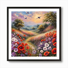 Swallows over the evening meadow Art Print