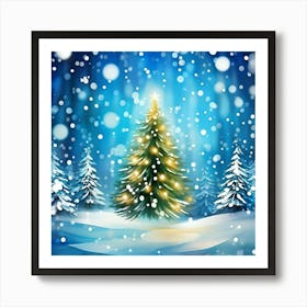 Abstract Digital Painting Of A Christmas Tree Branch Framed With Gently Falling Snowflakes Fir Tre (1) Affiche