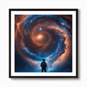 Man Stands In Front Of A Spiral Galaxy Art Print