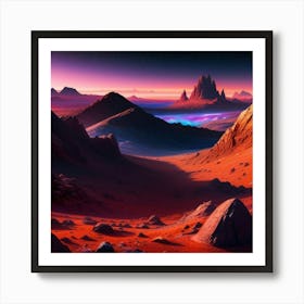 Cosmic Background, Alien Planet Deserted Landscape With Mountains Art Print