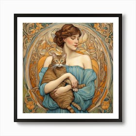 Woman with her Beloved Cat in Style of Art Nouveau 4 Poster