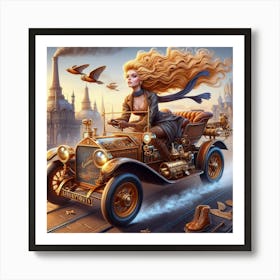 Steampunk Girl In Car 1 Art Print