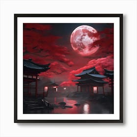 Full Moon Over Japanese Village Art Print