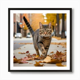 Cat Walking In Autumn Leaves 2 Art Print