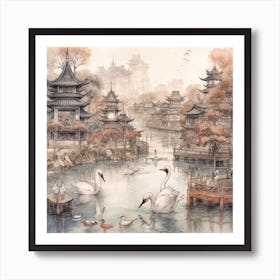 Swans In The Pond Art Print