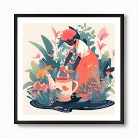 Watering Woman In The Garden Art Print