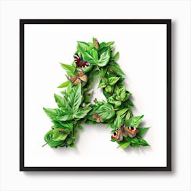 Letter A Made Of Leaves And Butterflies Art Print