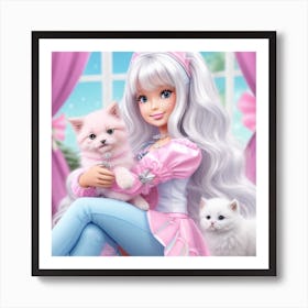 Girl And Her Kittens Art Print