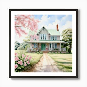 Watercolor Country Farm House Full Belcony With Shades Of Blush Pink Pale Blue And Mint Green Art Print